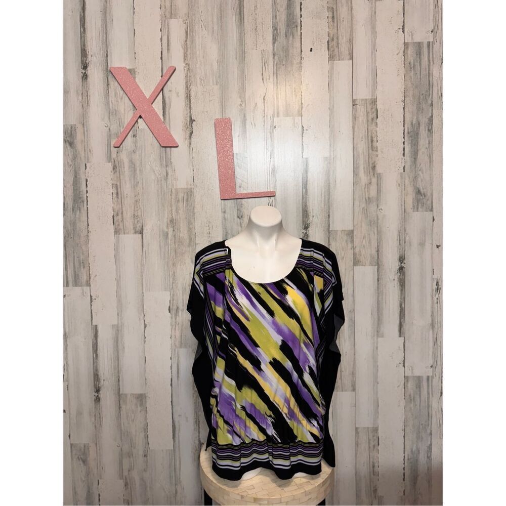 AGB Multicolor Abstract Stripe Blouse in Black, Purple, Yellow